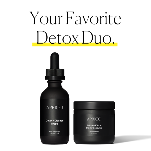 Detox Duo bottles the Detox plus Cleanse drops and the activated toxin binder capsules